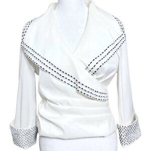 Cachet Designer Beaded Trim White Stretch Tailored Evening Blouse Top 8